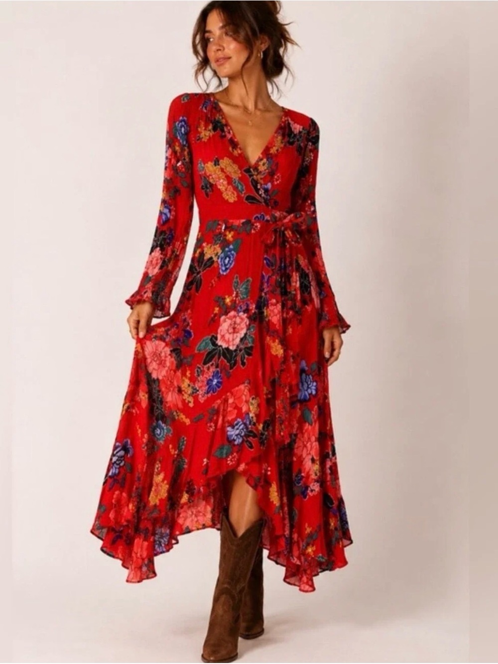 Anthropologie Boswell Red Floral Wrap Tunic Midi Dress Long Sleeves Women’s Sz 0